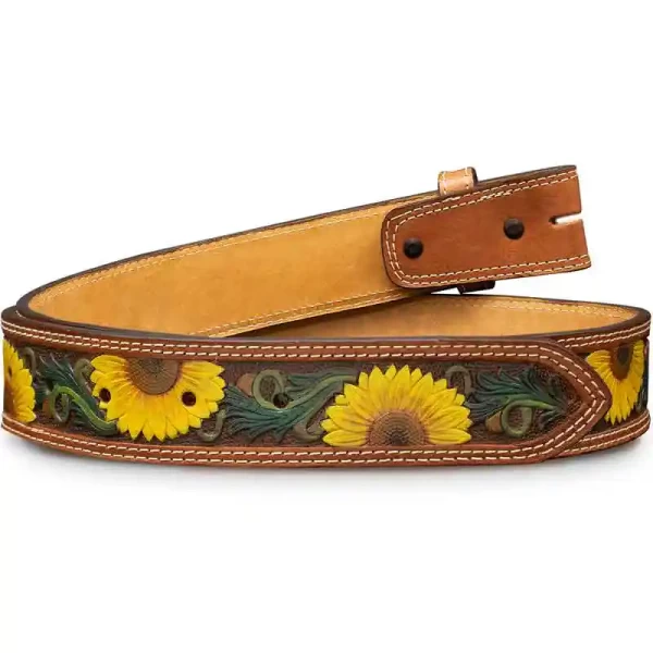 "Our Painted Sunflower Custom Leather Belt  is the perfect accessory, featuring hand-painted sunflowers and vines. Crafted from natural, top-quality leather and double-stitched with a second layer of top-grain leather, this belt is designed to last f